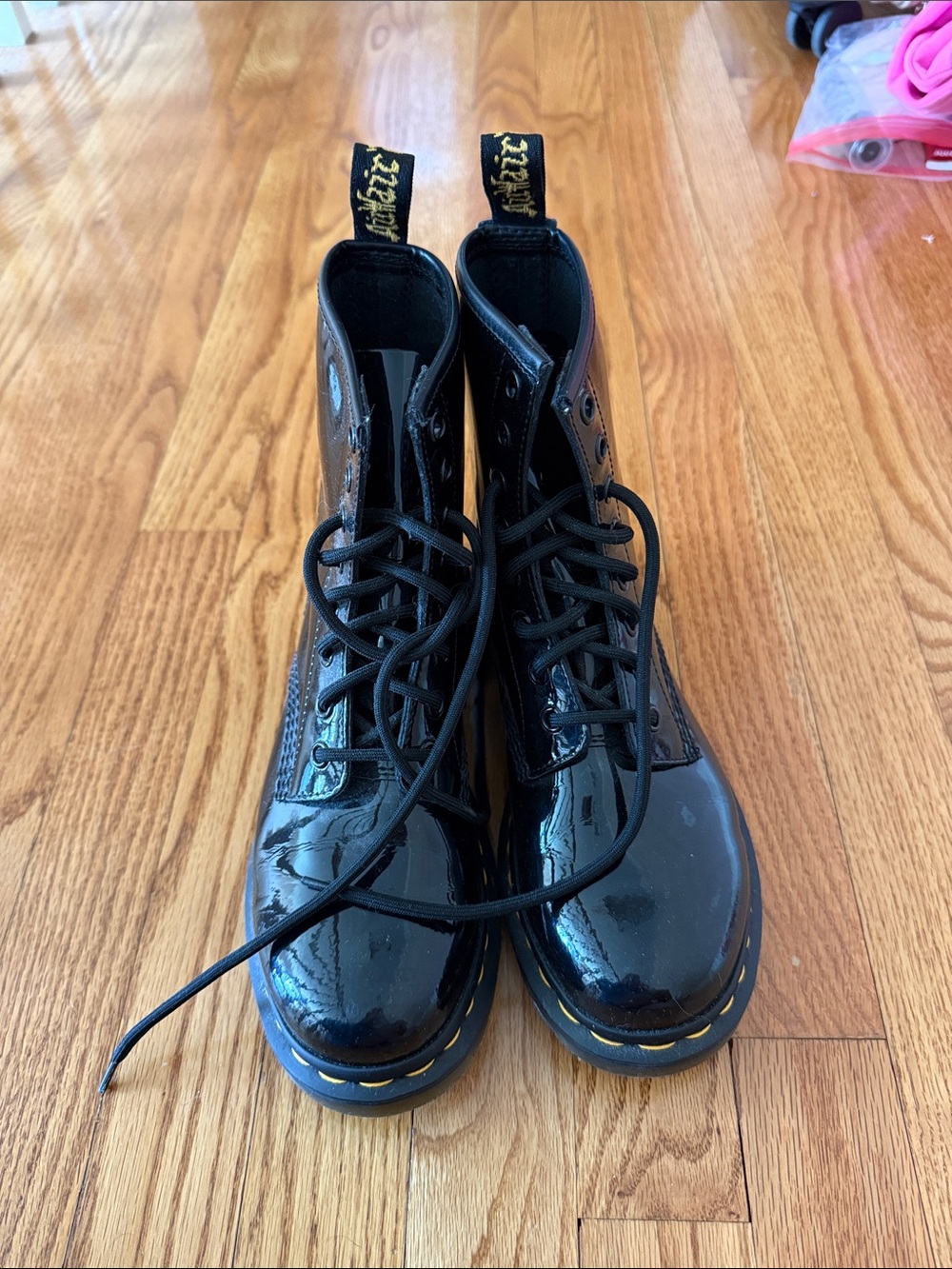 Dr. Martens Black Patent Lace-Up Ankle Boots with Yellow Stitching